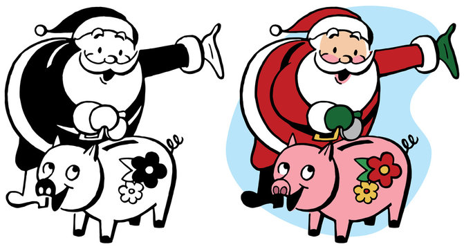 Santa Claus puts money in a piggy bank to save for Christmas presents