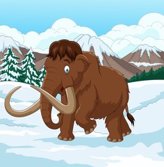 Naklejka premium Cartoon Woolly Mammoth walking through a snowy field