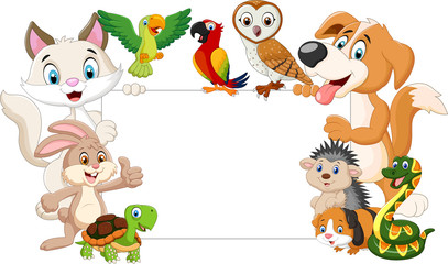 Naklejka premium Cartoon pets with blank sign