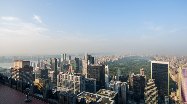 Aerial view of Upper Manhattan bathed in the sun 