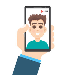 Live Video Streaming . Smartphone in hand. Social media concept. Vector illustration in a flat style.