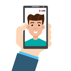 Live Video Streaming . Smartphone in hand. Social media concept. Vector illustration in a flat style.