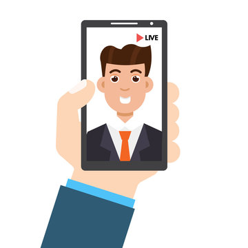 Live Video Streaming . Smartphone in hand. Social media concept. Vector illustration in a flat style.