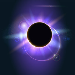 Abstract shining in space. Solar eclipse, astronomical phenomenon - full sun eclipse. Glow light effect. Star burst with sparkles. The planet covering the Sun in eclipse
