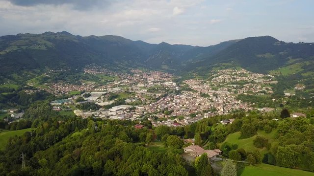 Drone aerial view to the villages of Leffe, Gandino, Peia and Cazzano Sant Andrea, located at Gandino Valley, Bergamo, Italy