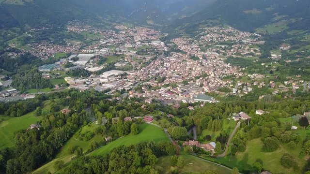 Drone aerial view to the villages of Leffe, Gandino, Peia and Cazzano Sant Andrea, located at Gandino Valley, Bergamo, Italy