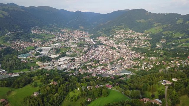 Drone aerial view to the villages of Leffe, Gandino, Peia and Cazzano Sant Andrea, located at Gandino Valley, Bergamo, Italy