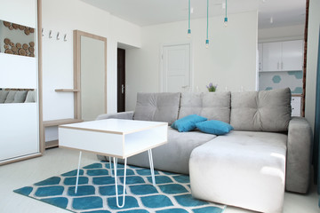 Interior of modern apartment with big light living room