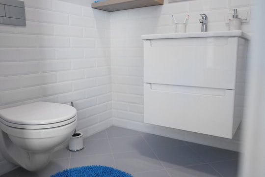 Interior of light modern bathroom with toilet and sink