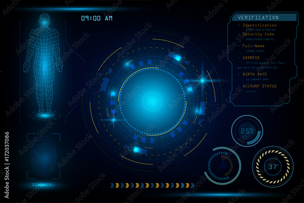 Poster fingerprint sign scanner, interface screen identification virtual system as security access concept.