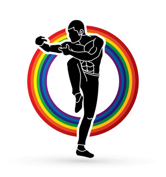 Drunken Kung fu pose designed on rainbows background graphic vector.