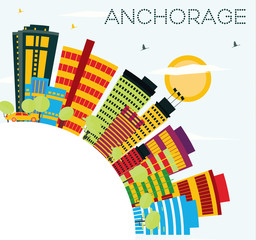 Anchorage Skyline with Color Buildings, Blue Sky and Copy Space.