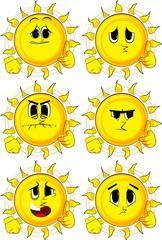 Cartoon sun with pointing hand at the viewer. Collection with sad faces. Expressions vector set.