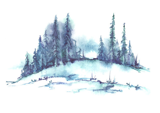 Watercolor landscape, picture. Picture of a pine forest, a blue silhouette of trees and bushes on a white isolated background.