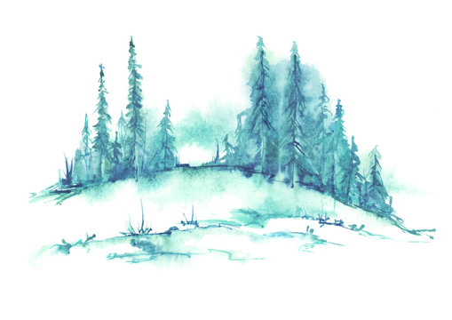 Watercolor landscape, picture. Picture of a pine forest, a blue silhouette of trees and bushes on a white isolated background.