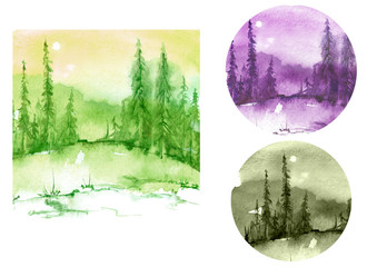 A set of watercolor drawings of different colors. Watercolor landscape with pine, pine, mountains, trees. Night, evening, morning, sunset. Picturesque cards