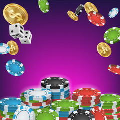 Casino Banner Vector. Online Poker Gambling Casino Banner Sign. Bright Chips, Dollar Coins. Jackpot Casino Billboard, Signage, Marketing Luxury Poster Illustration.