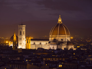 Fototapeta na wymiar The Florence Cathedral on Duomo Square at night - amazing aerial view