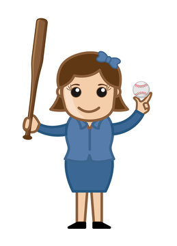 Girl Showing Baseball Bat and Ball - clip-art vector illustration