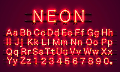Neon city color red font. English alphabet and numbers sign. Vector illustration - obrazy, fototapety, plakaty