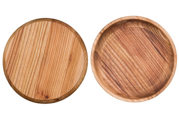 Round cutting board and a plate of wood, isolated on white background, closeup, top view