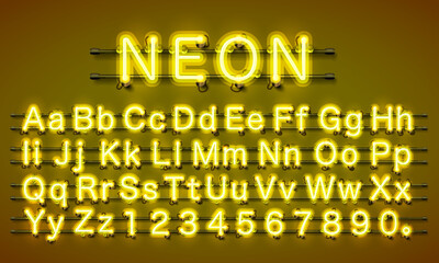 Neon city color yellow font. English alphabet and numbers sign. Vector illustration