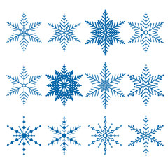 Fototapeta na wymiar Set of 12 blue vector snowflakes