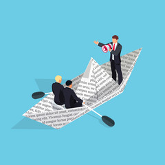 3d paper boat from the newspaper with businessmen. © aklionka