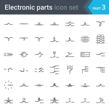 Complete vector set of electric and electronic circuit diagram symbols and elements - switches, pushbuttons and circuit switches