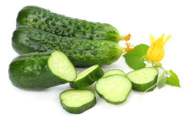 cucumber with sliced cucumber and leaf isolated on white background
