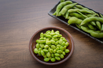 Japan pigeon pea or Edamame or Soybeans on wooden table