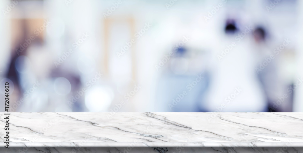 Poster empty white marble table top with blur patient waiting for doctor at hospital with bokeh light at ba