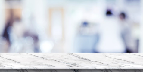 Empty white marble table top with blur patient waiting for doctor at hospital with bokeh light at background,Mock up template for display of your design,Banner for advertise of product,panorama view