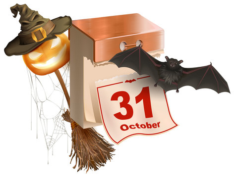 October 31 holiday of Halloween. Tear-off calendar. Halloween accessory pumpkin lantern, bat, broom, spider web, hat