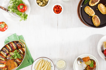 Frame of ratatouille, chickpeas cutlets, lemonade, snacks. Different vegetarian food