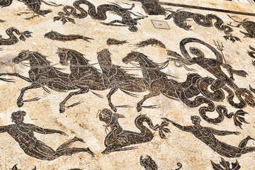 Detail of Neptune's triumph mosaic in the frigidarium of Neptune's baths in Ostia Antica - Rome,...