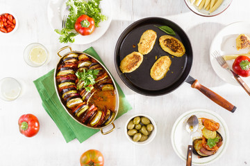 Ratatouille, chickpeas cutlets, lemonade and various snacks. Different vegetarian food