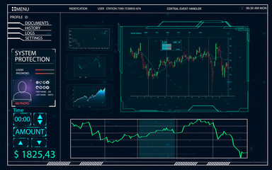 Futuristic user interface for trading applications. Touch interface. Abstract virtual graphic touch user interface. HUD. Blue and white elements. Web elements