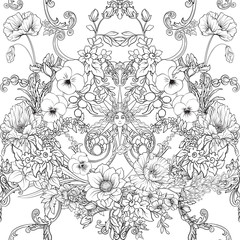 Seamless pattern with daffodils, anemones, violets in botanical 