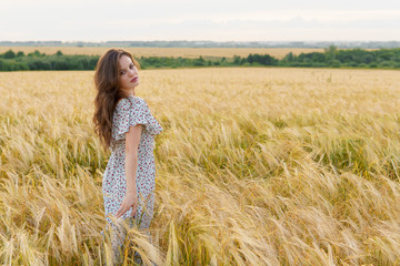 Young pretty woman in dress poses on wheat field