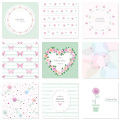 Romantic design elements set. Included seamless patterns, frames, doilies, greeting cards templates. For wedding, birthday, valentines, baby shower, clothes, notebook cover.