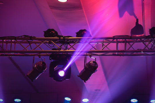 Multiple Spotlights, Colorful Lighting Rig Over Stage.