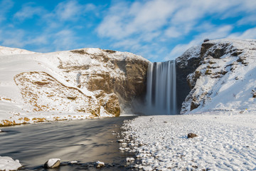 Skogafoss - The famous waterfall in winter, southern Iceland. © pongpinun