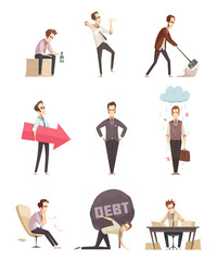 Business Failure Retro Cartoon Icons 