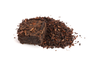 puer tea square shape isolated on white background. Pressed Chinese fermented Pu-erh tea