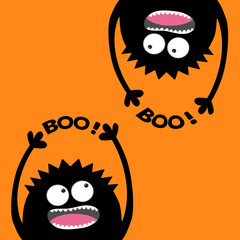 Two screaming monster head silhouette set. Hands holding Boo text. Hanging upside down. Black Funny Cute cartoon baby character. Happy Halloween. Flat design. Orange background. © worldofvector
