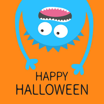 Happy Halloween card. Screaming monster head silhouette. Two eyes, teeth, tongue, hands. Hanging upside down. Blue Funny Cute cartoon baby character.Flat design. Orange background.