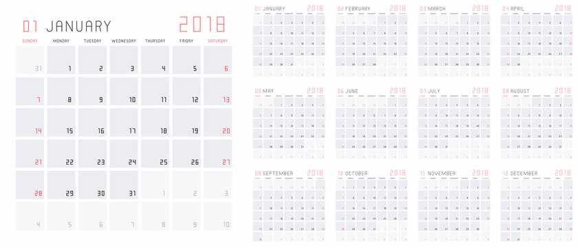 Planning calendar template 2018 set of 12 months January - December
