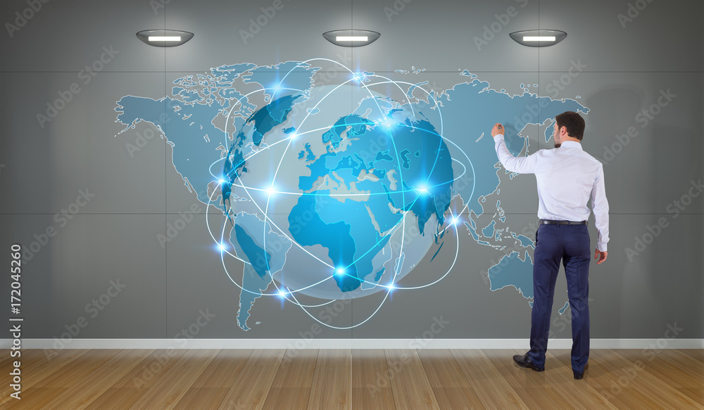 Poster businessman using digital planet earth interface on a wall 3d rendering