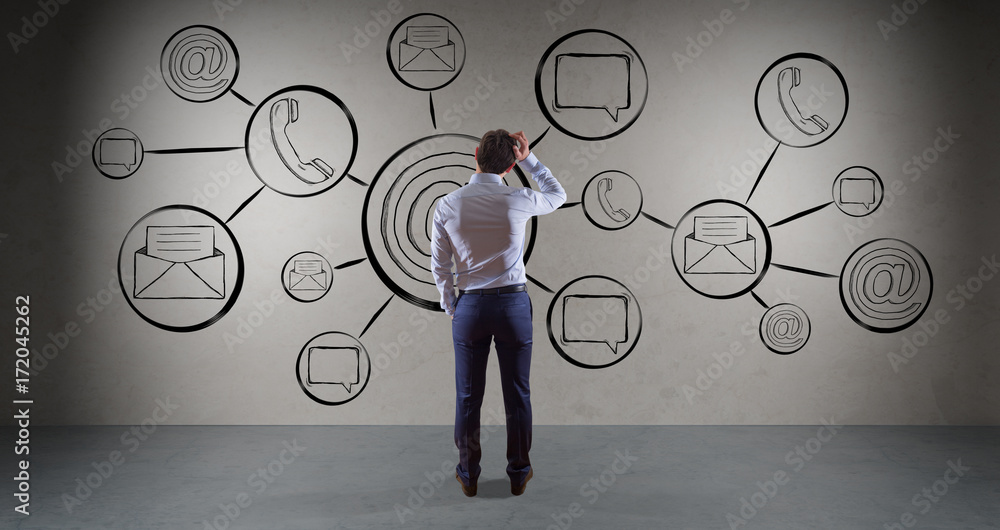 Poster businessman watching contact and internet sketch on a wall 3d rendering